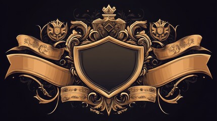 Majestic Golden Crest with Elegant Scrolls and Shields on Black Background