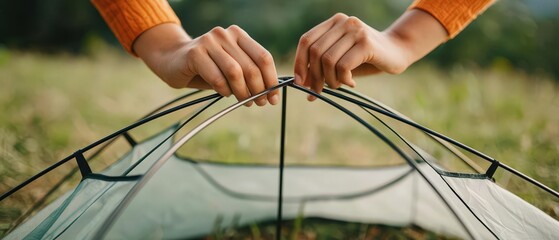 A close-up of hands assembling a camping tent in a lush outdoor setting, showcasing the essence of adventure and nature.