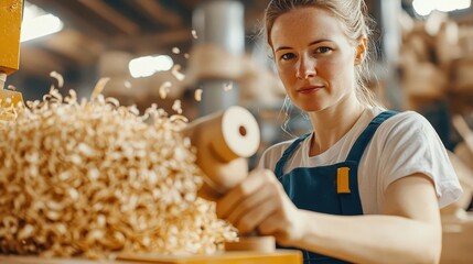 Craftsman engaged in woodworking, skillfully using a hand tool while surrounded by wood shavings in a workshop.