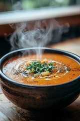 Moroccan-Spiced Carrot Soup with a modern restaurant backdrop and a blurry background, highlighting the aromatic, flavorful soup and gourmet presentation.