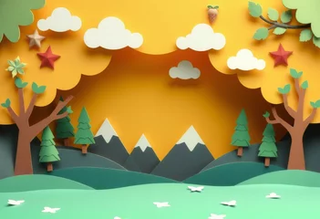 Fotobehang Paper cut out style landscape scene with trees, mountains, and clouds against a yellow background. © NipaArts