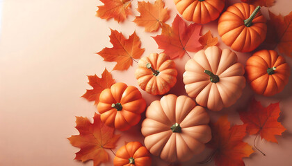 Fototapeta premium A collection of small orange pumpkins arranged on a soft beige background autumn leaves in shades of orange and brown