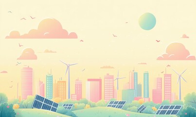 A vibrant eco-friendly cityscape featuring wind turbines and solar panels under a pastel sunset, showcasing a sustainable future with green energy solutions.