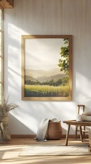 3D of a wooden framed landscape painting mockup set in a warm and inviting farmhouse living room interior  Natural sunlight streams through the window