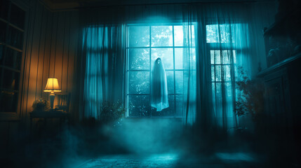 Ghost Silhouette in Bedroom Window on Halloween Night.