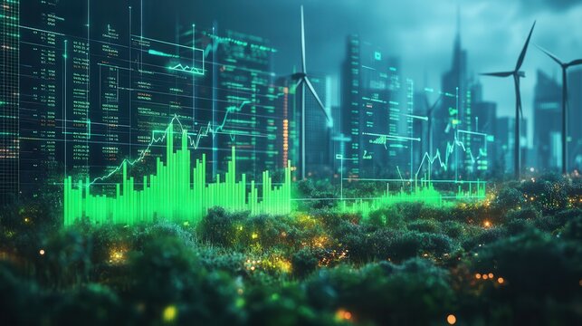 This vibrant digital landscape depicts advanced analytics for green energy and stock market trends, featuring wind turbines and upward trending graphs, signaling growth in sustainability