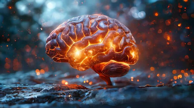A glowing, fiery brain surrounded by swirling sparks, representing intense thoughts and creativity