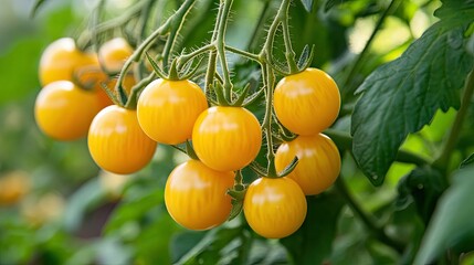 Cluster of ripe yellow tomatoes on the vine, surrounded by lush greenery in a garden.