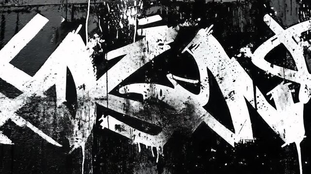 Black and white type fonts, brush pen letters as graffiti symbols on the wall, street art. Melted paint.	
