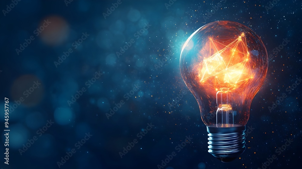 Poster conceptual image of a light bulb with an abstract glowing design inside representing the idea of cre