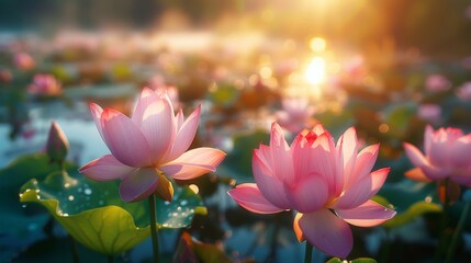 Obraz premium Serene Sunrise Tranquility at Lotus Pond | Soft Focus Nature Background of Calm Water Garden Scene