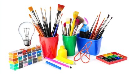 A vibrant collection of art supplies including brushes, paints, and tools organized in colorful pots for creative projects.