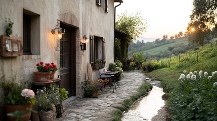 Fototapeta premium A charming countryside home with a stone pathway and blooming flowers at sunset.