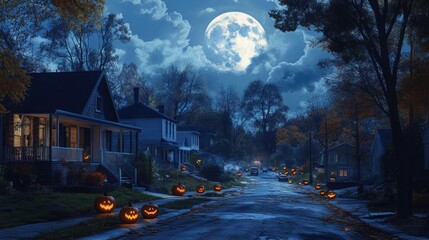 Obraz premium A full moon casting an eerie glow over a quiet suburban neighborhood, with glowing jack-o'-lanterns on porches and dark shadows in the trees.
