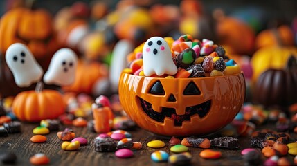 Fototapeta premium A Halloween candy bowl overflowing with colorful candies and chocolates, with ghost and pumpkin-shaped treats, ready for trick-or-treaters.