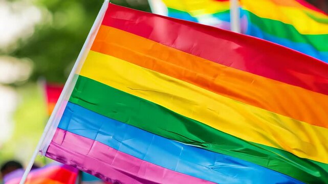 A vibrant rainbow flag flutters proudly in the breeze, surrounded by a diverse array of flags representing unity and inclusivity, symbolizing the celebration of diversity and accep