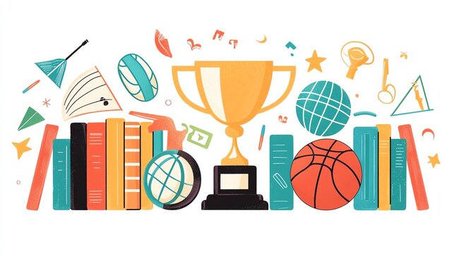 Colorful illustration featuring books, a trophy, sports items, and global symbols, perfect for educational and motivational themes.