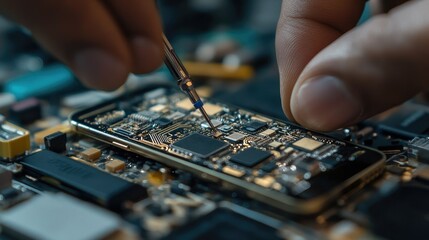 Fototapeta premium Detailed image of a smartphone's internal wiring being carefully adjusted by a technician, highlighting the complexity of mobile phone repairs