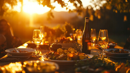 A table with a variety of food and drinks, including wine and water
