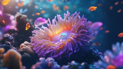 Detailed view of a bubble anemone nestled among the corals, its glowing tentacles catching the light, surrounded by small fish on a tropical reef