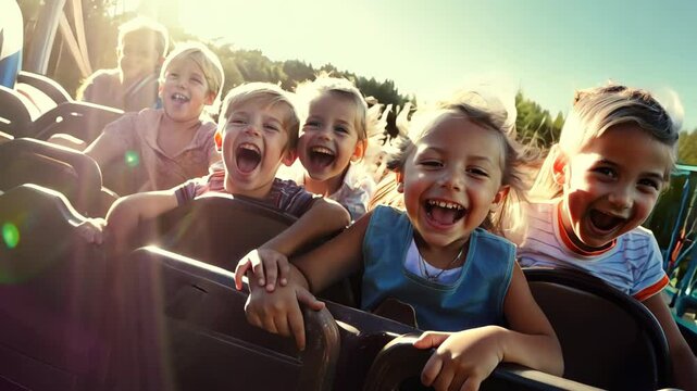 A group of children joyfully rides a roller coaster at the amusement park, their laughter and excitement filling the air as they experience the thrilling twists and turns.