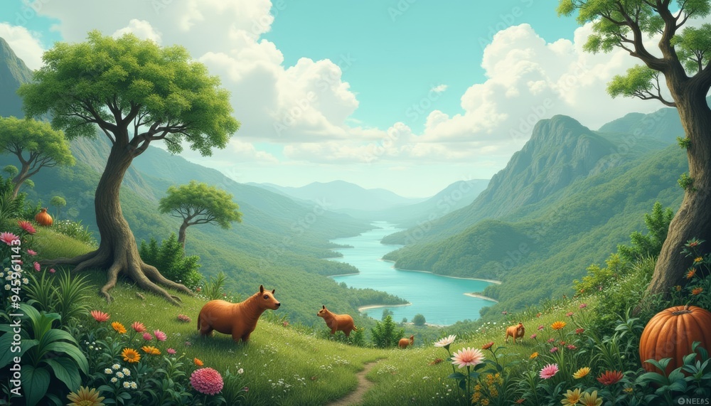 Poster Idyllic pastoral scene with grazing animals and vibrant flora