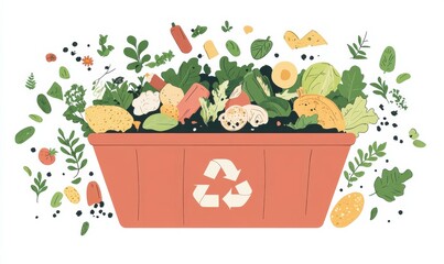 A minimalistic illustration of composting showing food waste and green leaves in a centered composition highlighting sustainable practices.