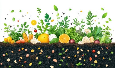 A minimalistic illustration of composting showing food waste and green leaves in a centered composition highlighting sustainable practices.