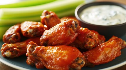 A plate of spicy buffalo wings fresh from the oven, with celery sticks and a bowl of creamy blue cheese dipping sauce on the side.