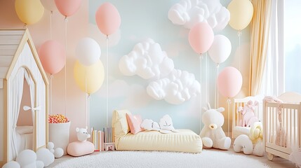 Dreamy children's room with pastel-colored balloons, white paper clouds hanging from the ceiling, and a mix of plush toys and books creating a cozy, inviting space.