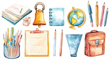 Colorful watercolor school supplies and stationery items arranged artfully for educational themes and back-to-school designs.