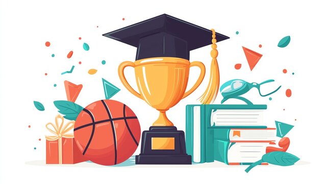 Illustration featuring a trophy, basketball, books, and graduation cap, symbolizing achievement and celebration in education and sports.
