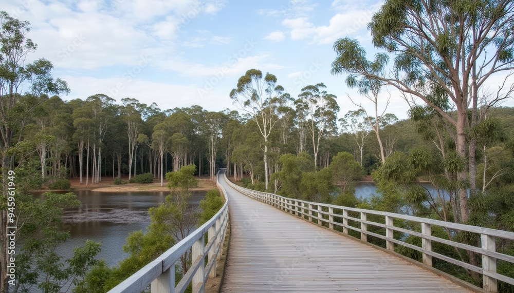 Poster Tranquil forest walkway over serene lake