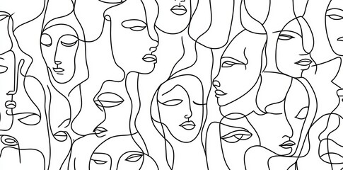 A black and white line drawing of a crowd of people with diverse faces. Each has a unique expression and appearance.