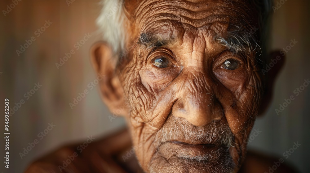 Poster an elderly man sits quietly, his weathered face reflecting wisdom and calmness, capturing the essenc