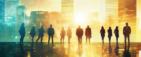 A background with an overlay of gradient and ten silhouettes of businessmen standing in front of a cityscape