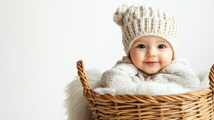 Adorable Baby in Wicker Basket on White Background Banner