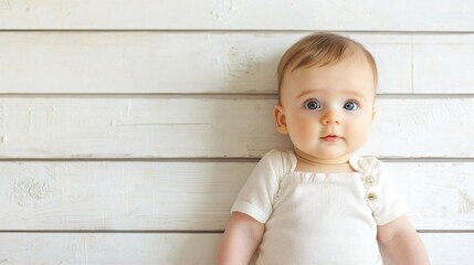 Naklejka premium Adorable Baby with Cute Expression on White Wooden Background - Flat Lay