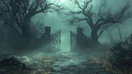 A spooky Halloween scene with a fog-covered path leading to an old, creaking gate, surrounded by twisted trees and eerie shadows.