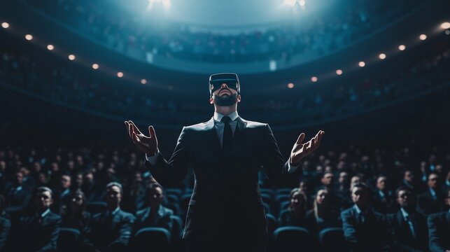 Experience VR virtual reality as a senior business manager stands in a convention hall in VR goggles with a crowd of industry colleagues in the background as he attends a meeting. Stock (AI)