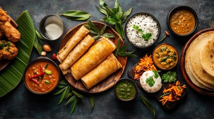 A vibrant South Indian breakfast spread featuring dishes like dosa, idli, sambar, and coconut chutney, highlighting the rich textures, colors, and flavors typical of regional Indian cuisine