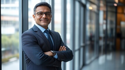 Fototapeta premium A confident businessman standing in a modern office environment.