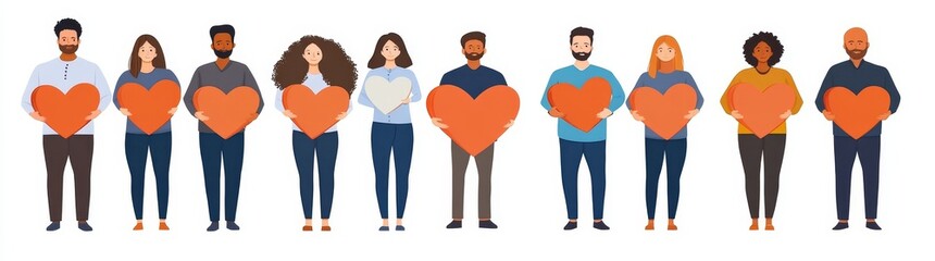 Obraz premium Illustration of diverse people holding heart shapes, Valentine's Day concept, simple design, beige background, colorful stock modern