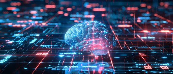 Fototapeta premium Exploring the Inner Workings: A 3D Rendering of the Human Brain on a Tech-Focused Background