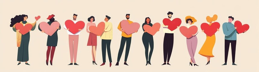 Obraz premium Stock image of happy people holding heart-shaped objects, standing in a row with diverse skin tones