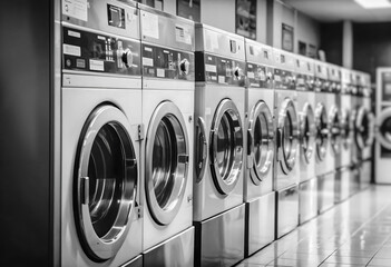 A row of washing machines in a laundromat,