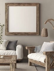 3D rendering of a chunky reclaimed wood frame with a muted earthy palette and vintage inspired furnishings creating an authentic farmhouse atmosphere in a cozy living room setting