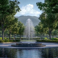Fototapeta premium Beautiful stone water fountain in a peaceful garden with a panoramic view of mountains pictures