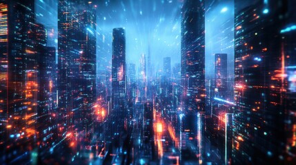 A cityscape with neon lights and a sign that says "Welcome to the City"