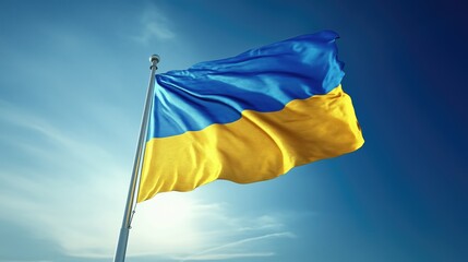 Fototapeta premium Waving flag of Ukraine in blue sky on sunny day on Independece day celebration